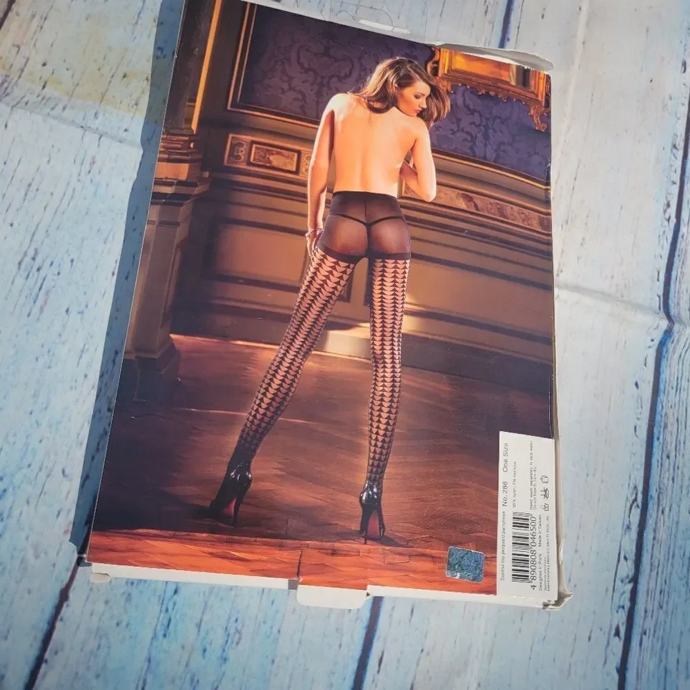 Baci Lingerie Women's Black Stretch Control Top Jacquard Pantyhose One Size NWT